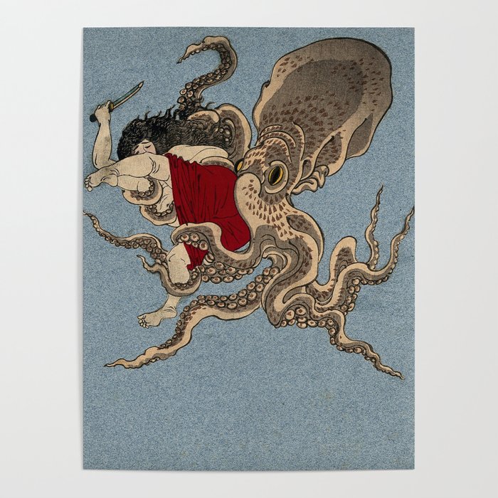 Japanese Color woodcut by Yoshitoshi, 1870s A diver wrestling with an
