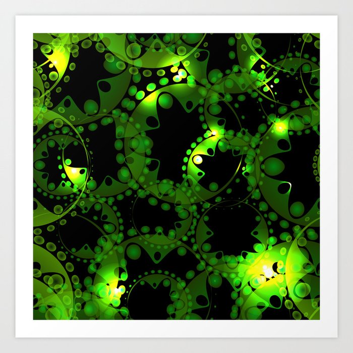 Abstract Glowing Pattern Of Gears And Spheres In Green And Yellow