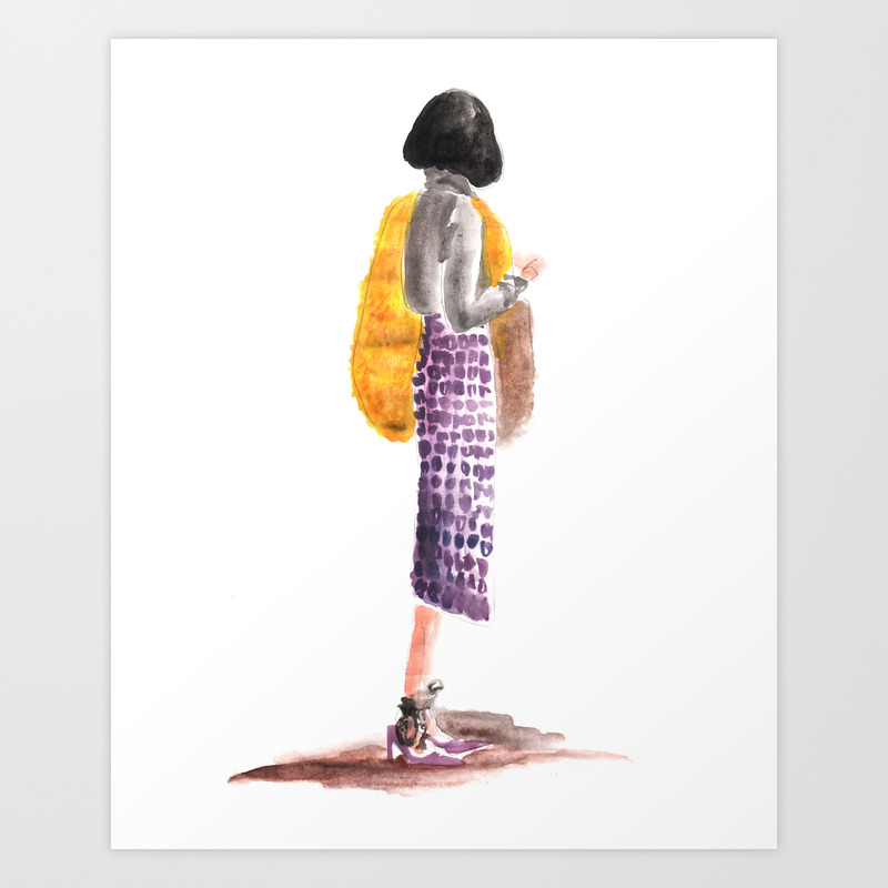 Woman With Purple Skirt And Fur Street Style Fashion Illustration