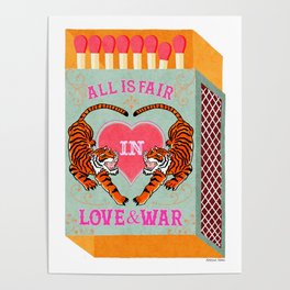 All is Fair in Love and War Vintage Matchbox Retro Teal & Orange Palette with Tiger Poster