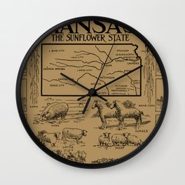 Vintage Illustrative Map of Kansas (1912) - Tan Wall Clock