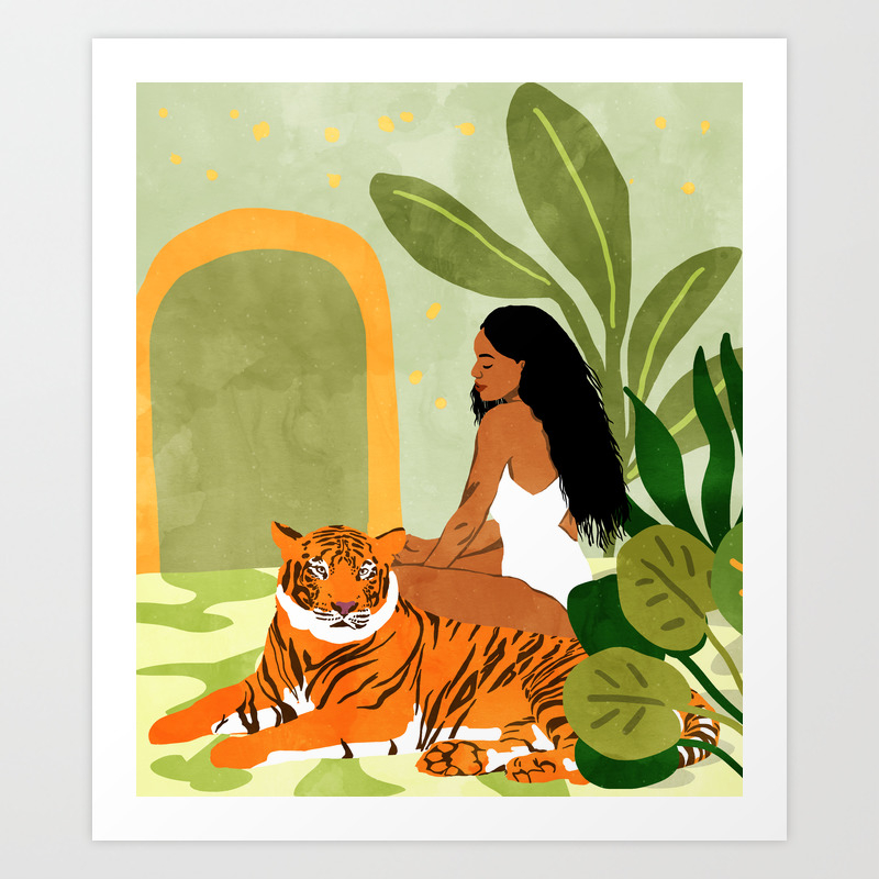 Just You & Me | Tiger Urban Jungle Friendship | Wild Cat Bohemian Black  Woman with Pet Art Print by 83 Oranges Modern Bohemian Prints | Society6