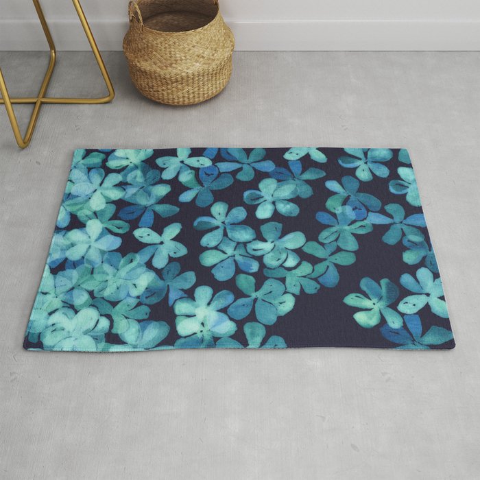 Hand Painted Floral Pattern In Teal Navy Blue Rug By Micklyn