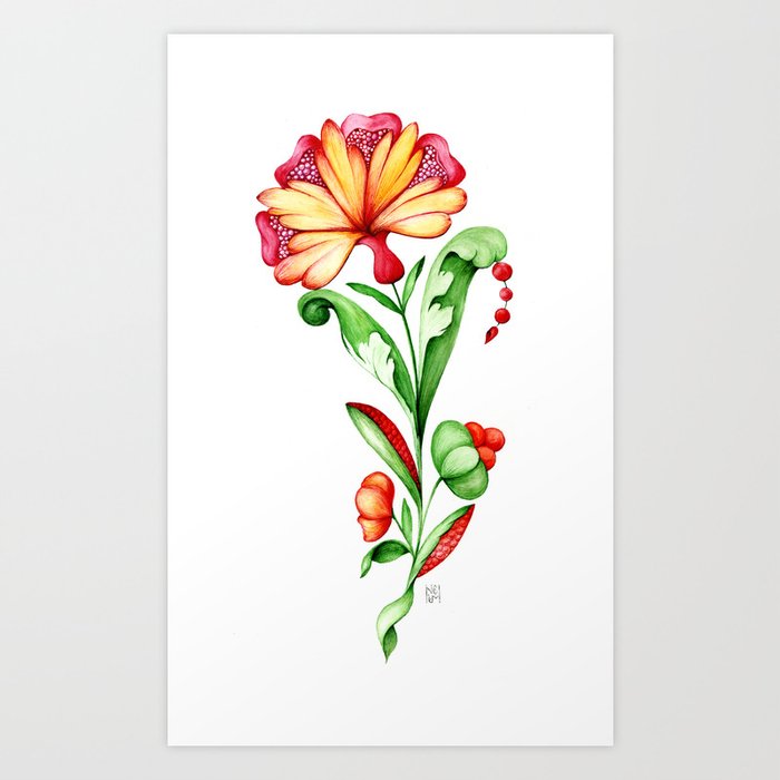 A bright fantasy plant with green leaves and flowers isolated on a white background Art Print | Drawing, Colored-pencil, Watercolor, Flower, Flora, Floral, Isolated, White-backgruond, Colorful, Plants