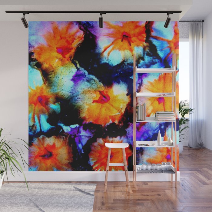Colorful Abstract Flower Painting Orange Purple Black Wall Mural