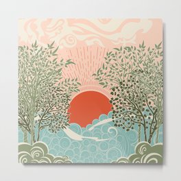 Pink sunrise over sea waves art moderne Metal Print | Digital, Waves, Ecology, Storm, Ocean, Illustration, Tree, Island, Artdeco, Nature 