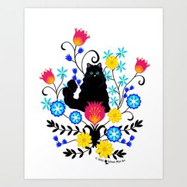 Black Fluffy Cat with Flowers Art Print