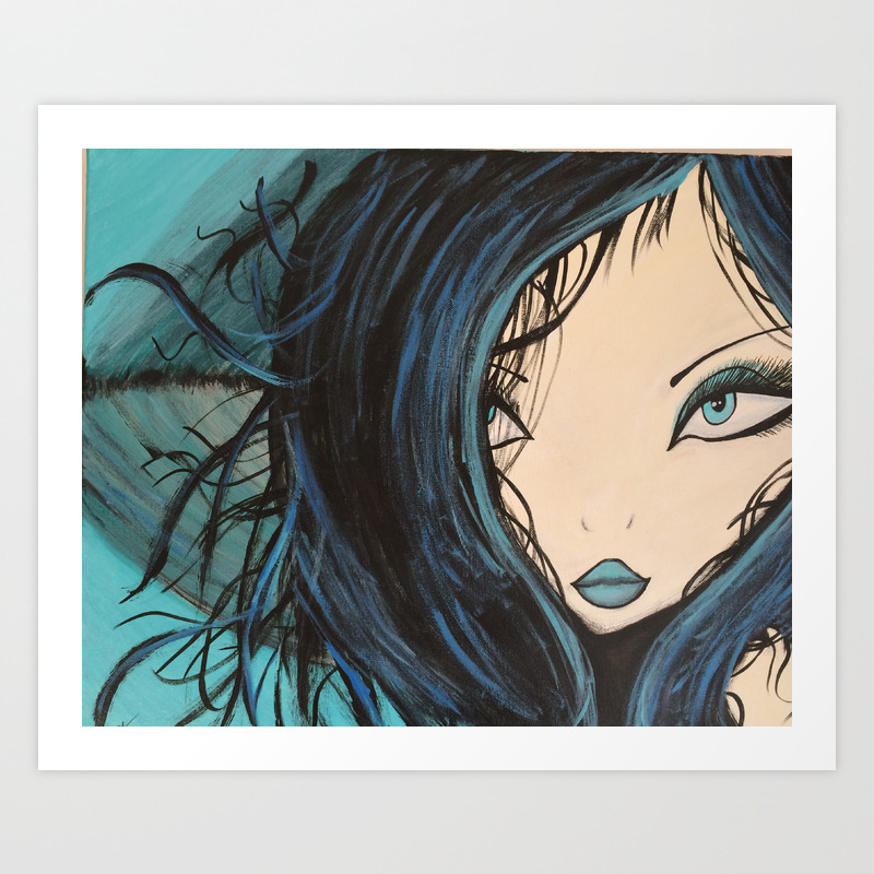 Blue And Black Hair Girl Mermaid Painting By Jodi Tomer