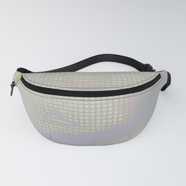 Smoky gradient, tiles, bright, dotted, breezy, embossed, shaky, blur, colorful pixels and noisy dark gray, light steel blue and tan shapes hovering over innocent floor Fanny Pack