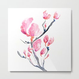 Japanese Magnolia Metal Print | Mixed Media, Painting, Nature, Illustration 