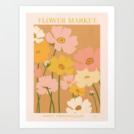 Flower Market - Ranunculus #1 Art Print | Typography, Illustration, Orange, Vintage, Green, Retro, Flowers, Spring, Ranunculus, Yellow 