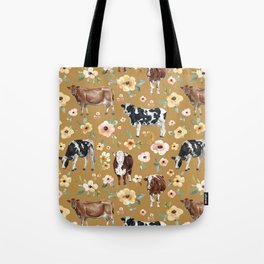 Cows and Flowers Illustration on Golden Yellow  Tote Bag