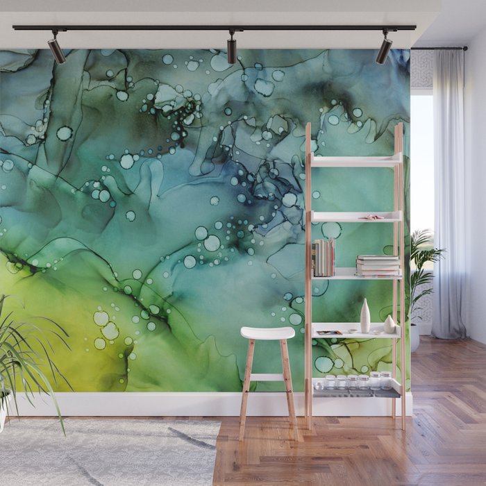 Green Blue Yellow Textures Ink Abstract Painting Wall Mural By