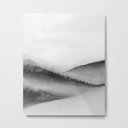 Deep Valley II - Black White Gray Forest Trees Foggy Hills Nature Watercolor Painting Art Print Metal Print | Forest, Gray, Landscape, Modern, Digital, Moody, Vineyard, Nature, Hills, Abstract 