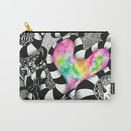 Watercolor Heart with Black and White Doodles Carry-All Pouch | Chanukah, Hand Drawn, Doodle, White, Valentine, Holiday, Streetart, Amour, Black, Drawing 