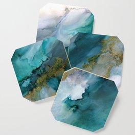 Wild Rush - abstract ocean theme in teal gray gold, marble pattern Coaster
