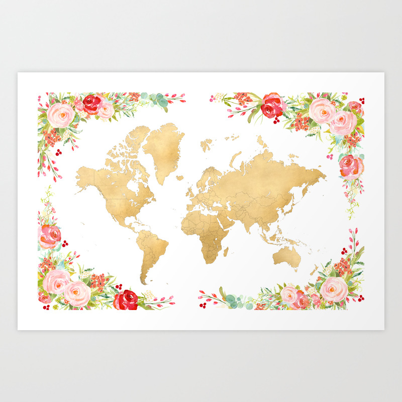 Floral and gold world map without labels Art Print by ...