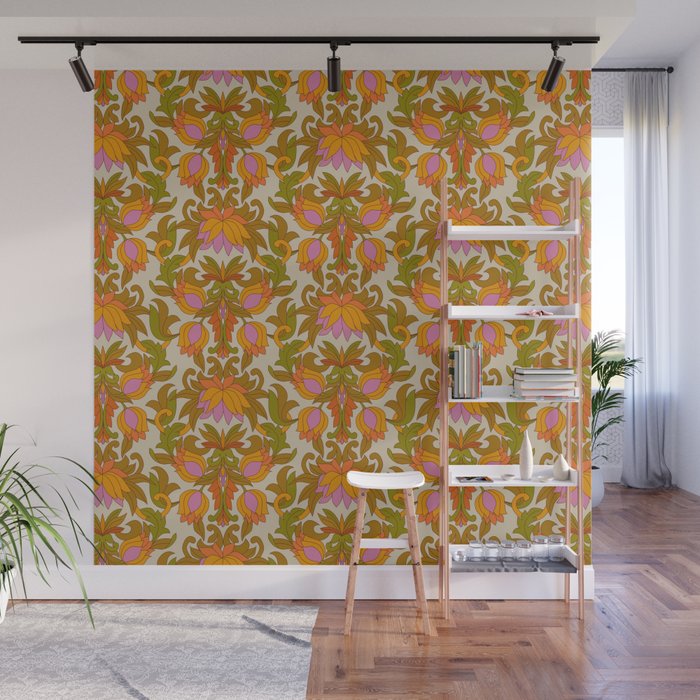 Orange, Pink Flowers and Green Leaves 1960s Retro Vintage Pattern Wall