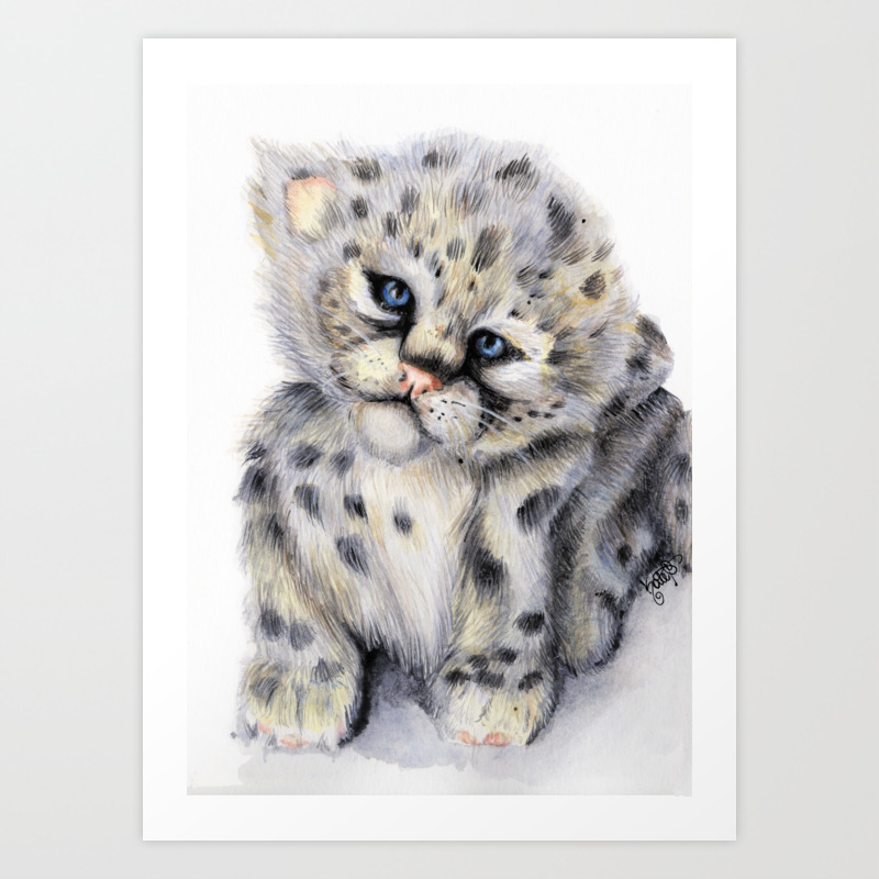 Snow Cheetah Cub Baby Animal Print Watercolor Drawing Nursery