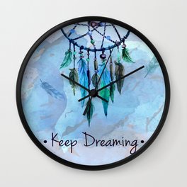 Keep Dreaming Wall Clock | Hippie, Bohochic, Illustration, Graphicdesign, Figurative, Southwest, Digital, Dreamcatcher 