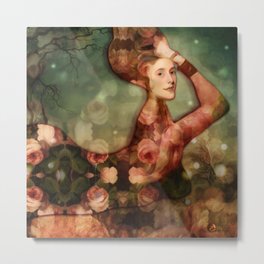 Mermaid among flowers Metal Print | Green, Pink, Fantasy, Mithology, Kiki, Stars, Painting, Orange, Roses, Seville 