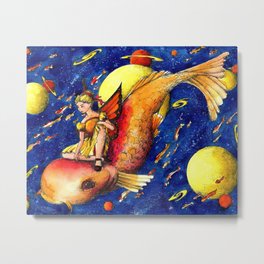 Fishy ride Metal Print | Scifi, Ink, Painting, Child, Littlegirl, Surreal, Starrysky, Planets, Cosmos, Fairy 