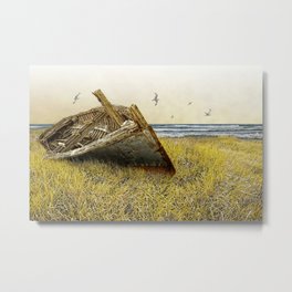 Stranded Wooden Boat on a Beach Metal Print | Maritime, Transportation, Boat, Nautical, Abandoned, Ship, Shore, Water, Shipwreck, Beach 