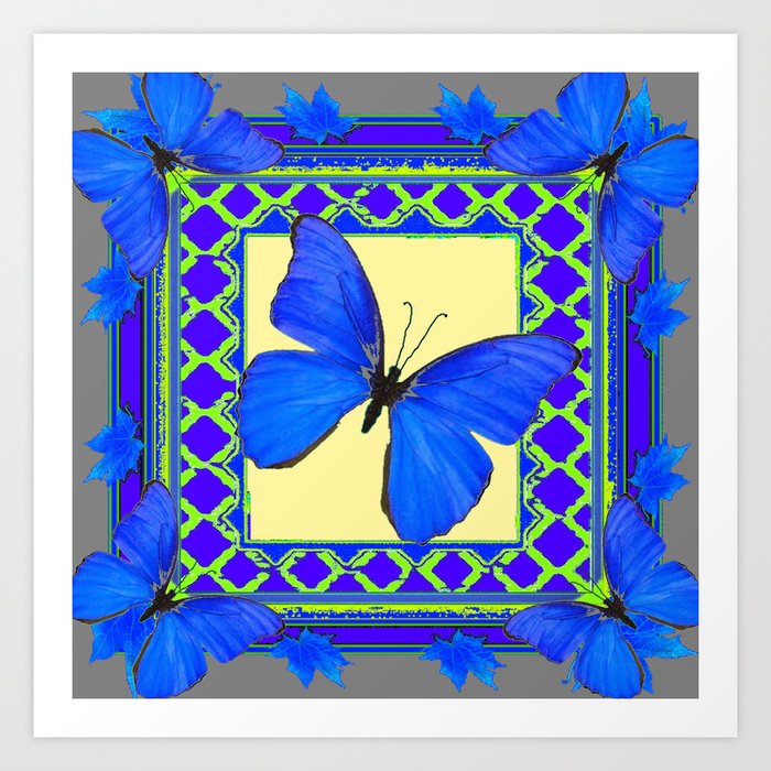 Decorative Sapphire Blue Butterflies Abstract Yellow Art Print