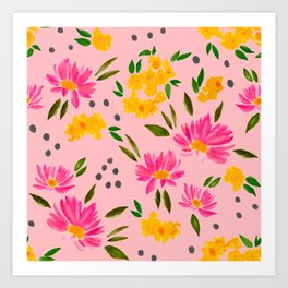 Watercolor Pink Yellow Floral Pattern, Flowers Art Art Print