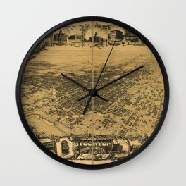 Vintage Bird's Eye Map Illustration - Stockton, San Joaquin County, California (1895) Wall Clock | Old, Graphicdesign, Classic, Vintage, Map, City, Birdseye, Historic, Antique, California 