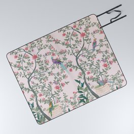 Chinoiserie Blush Pink Fresco Floral Garden Birds Oriental Botanical Picnic Blanket