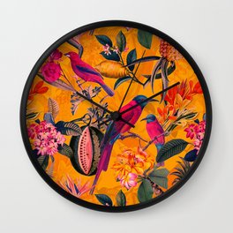 Vintage And Shabby Chic - Colorful Summer Botanical Jungle Garden Wall Clock | Colorful, Exotic, Bohemian, Watercolor, Birds, Flowers, Summer, Pattern, Yellowandpink, Bird 