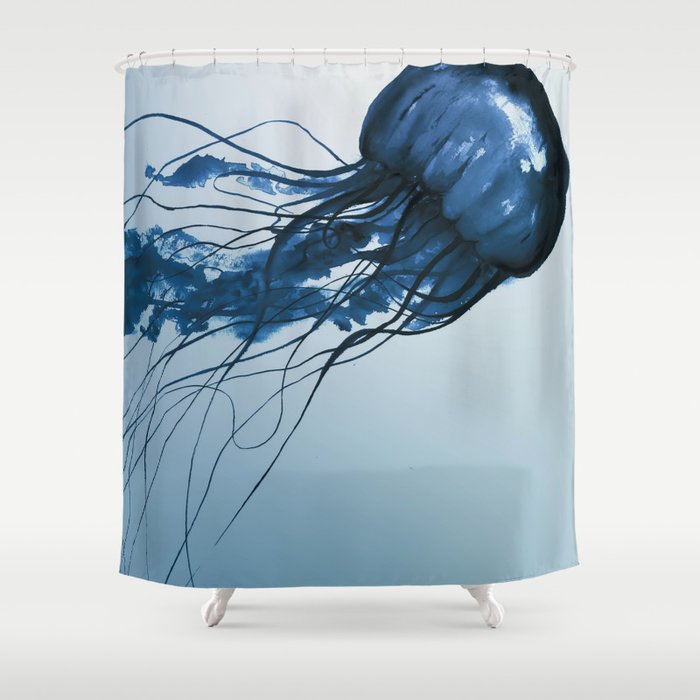 Blue Danube, Pacific Sea Nettle Shower Curtain | Animals, Mixed-media, Illustration, Painting