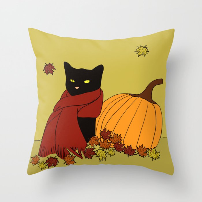 Cascade The Black Cat In Red Scarf With Pumpkin - Fall Throw Pillow | Drawing, Black-cat-fall, Black-cat-fall-decor, Cat-fall-decor, Cat-with-pumpkin, Cat-and-pumpkin, Cat-with-scarf, Cat-with-red-scarf, Melinda-todd, Porch-fall-decor