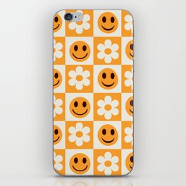 Orange and white checkered flowers and smiley faces pattern  iPhone Skin | Retro, Summer, Checkered Squares, Cheerful, Checkers, Preppy, Graphicdesign, Spring, Smiley Face, Flower Pattern 