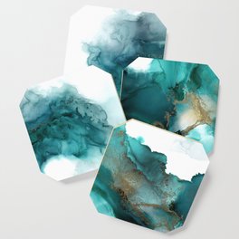 Wild Wave - alcohol ink painting, abstract wave, fluid art, teal, gold colored accents Coaster