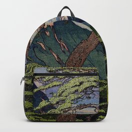 The Downwards Climbing - Summer Tree & Mountain Ukiyoe Nature Landscape in Green Backpack | Green, Retro, Print, Summer, Pink, Oil, Clouds, Illustration, Vintage, Popular 