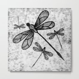 Bold black and white embroidered dragonflies on texture Metal Print