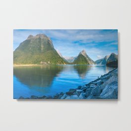 Serene Morning at Milford Sound Metal Print | Photo, Nationalpark, Blue, Remote, Southisland, Pier, Fjord, Mountain, Water, Fiordland 