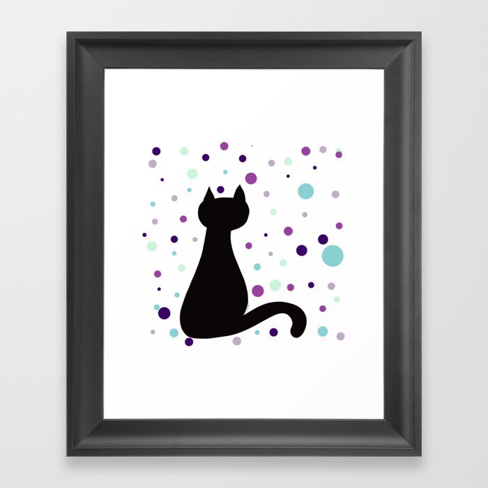 Black Cat Party! Framed Art Print | Drawing, Digital, Black-cat, Black-cat-party, Black-cat-polka-dots, Purple-and-teal, Black-cat-gifts, Cat-gifts, Cat-lover-gift, Holiday-gift