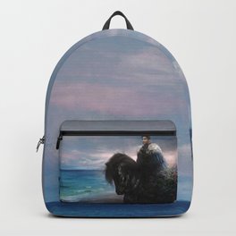 Knight on black Friesian horse Backpack | Beach, Warrior, Friesianhorse, Fantasy, Painting, Homecoming, Royal, Sea, Friesian, Digital 