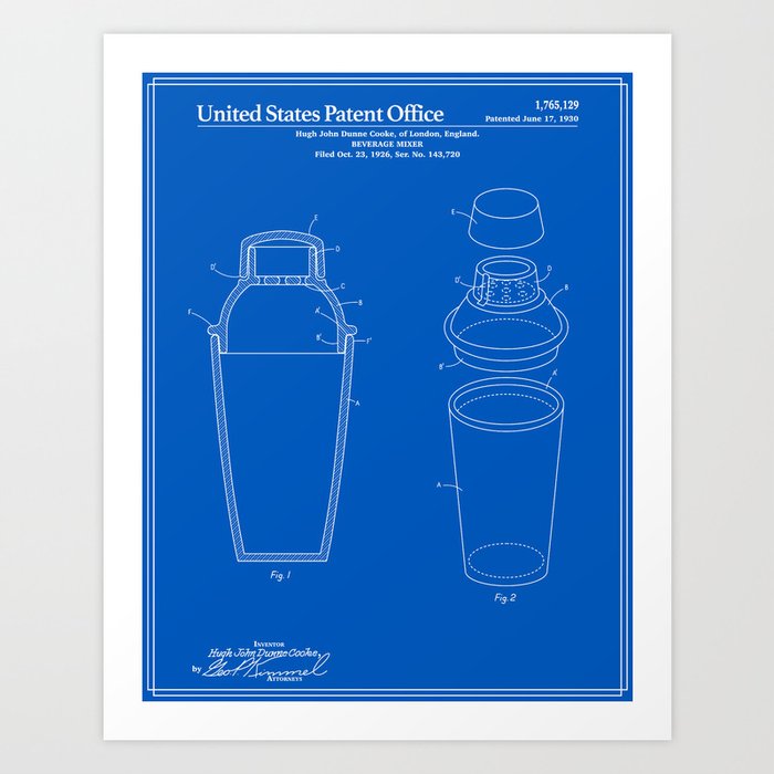 Cocktail Shaker Patent Blueprint Art Print By Finlaymcnevin Society6