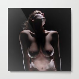 8424s-LP Beautiful Well Endowed Art Nude Woman Looking up to the Light Metal Print | Largebreasts, Bellybutton, Color, Bigboobs, Bedroomart, Fineartnude, Topless, Strongshoulders, Sensual, Sexy 
