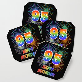 95th Birthday "95" & "HAPPY BIRTHDAY!" w/ Rainbow Spectrum Colors + Fun Fireworks Inspired Pattern Coaster