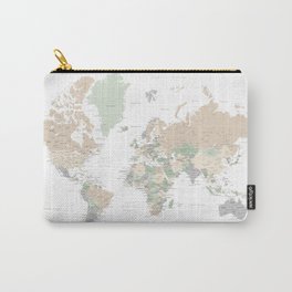 World map with cities, "Anouk" Carry-All Pouch | Pastel, Green, Digital, Genderneutral, Trendy, Worldmap, Map, Travel, Graphicdesign, Travelart 