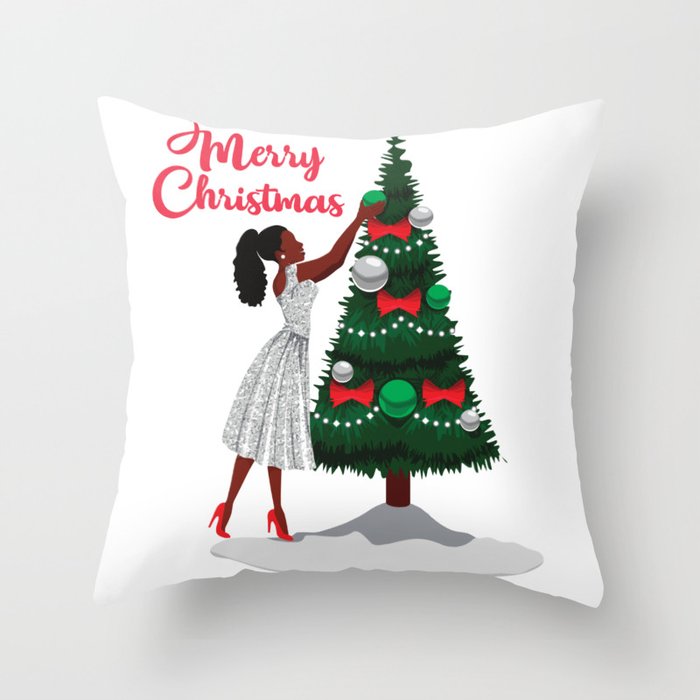 Merry Christmas Black African American Woman Throw Pillow