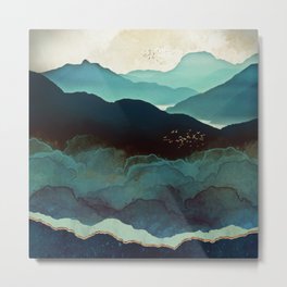 Indigo Mountains Metal Print | Curated, Wanderlust, Indigo, Dream, Travel, Landscape, Contemporary, Graphicdesign, Birds, Nature 