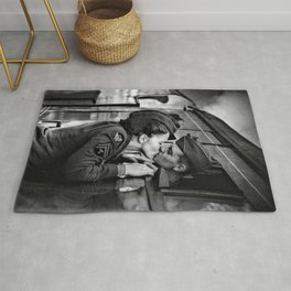The Kiss - The Last Goodbye - Lovers kissing goodbye through open window on train black and white photograph Rug | Goodbye, Train, Navy, Marines, Photo, Kissing, Lovers, Trains, Throughwindow, Army 