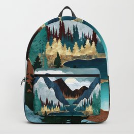 River Vista Backpack | Nature, River, Teal, Blue, Contemporary, Forest, Mountains, Valley, Gold, Water 