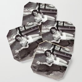 Woman reading on alligator weird and strange humorous portrait black and white photograph - photography - photograph Coaster
